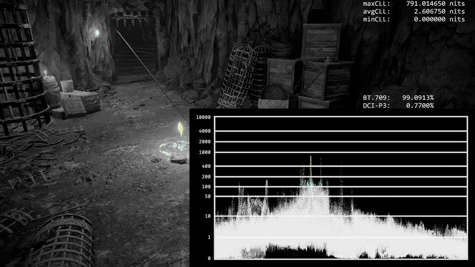 Черные значения идеально подходят для Elden Ring (minCLL: 0 Nits), и с правильной настройкой особенно яркие объекты, такие как благодать на земле, выглядят оптимально (здесь около 800 Nits при максимуме в 800 Nits).