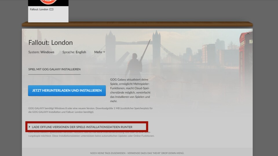 Здесь вы найдете опцию для загрузки Fallout: London вручную без использования GOG Galaxy.